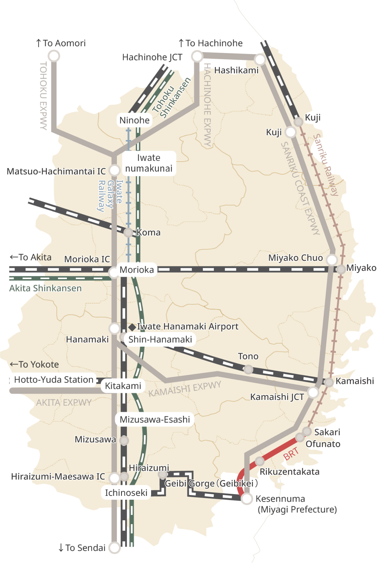 Map of Iwate Prefecture. It shows the railways and major roads that run within Iwate Prefecture, and the means of transportation shown on the map are listed on the page.