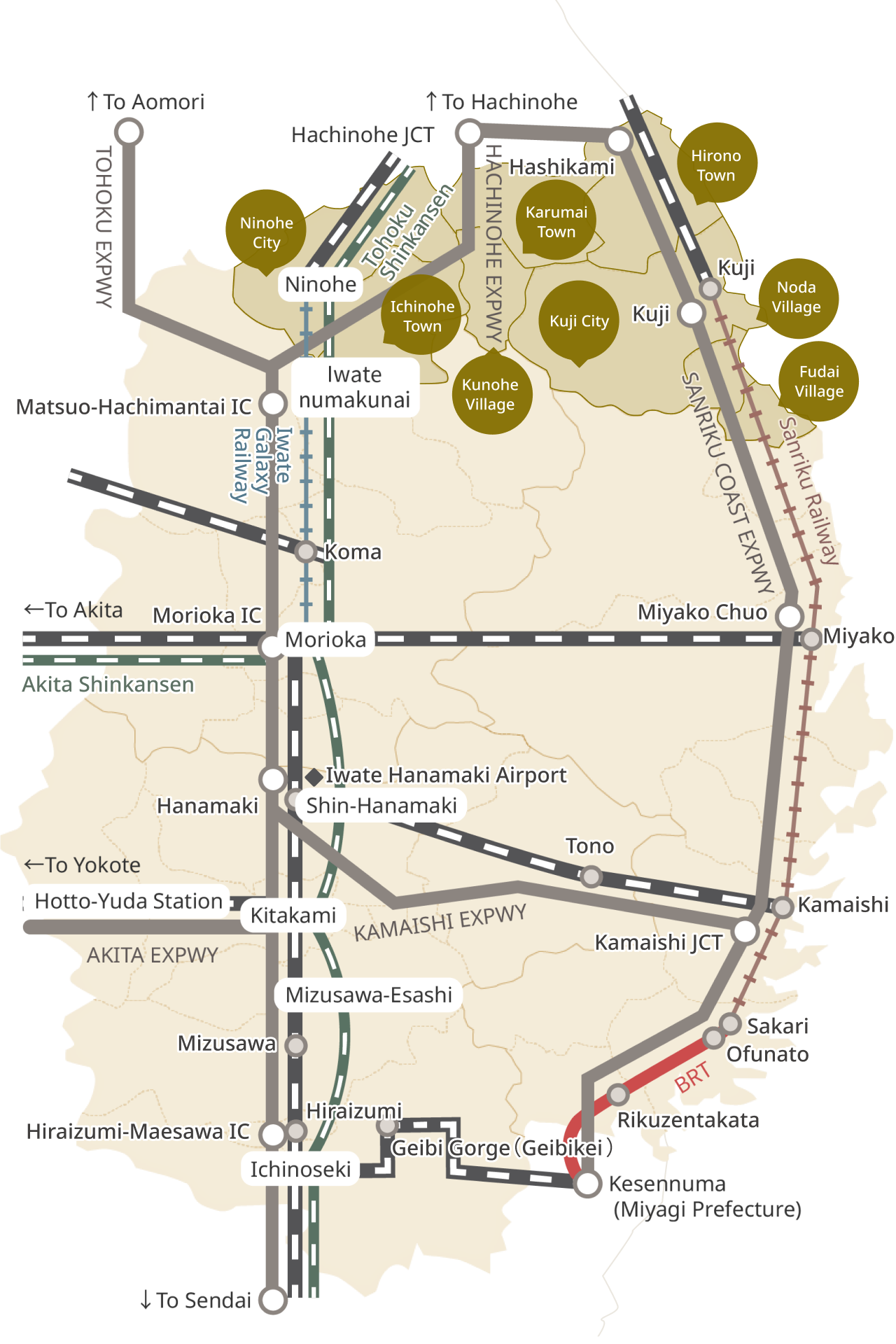 A map showing each municipality and transportation facility in the northern area of ​​the prefecture. The municipalities to which it belongs are Hirono Town, Karumai Town, Ninohe City, Ichinohe Town, Kunohe Village, Kuji City, Noda Village, and Fudai Village. You can use the Tohoku Shinkansen, Iwate Galaxy Railway, Sanriku Railway, and JR lines, and the Shinkansen stops at Ninohe Station. The Hachinohe Expressway and Sanriku Coastal Road run through the area.