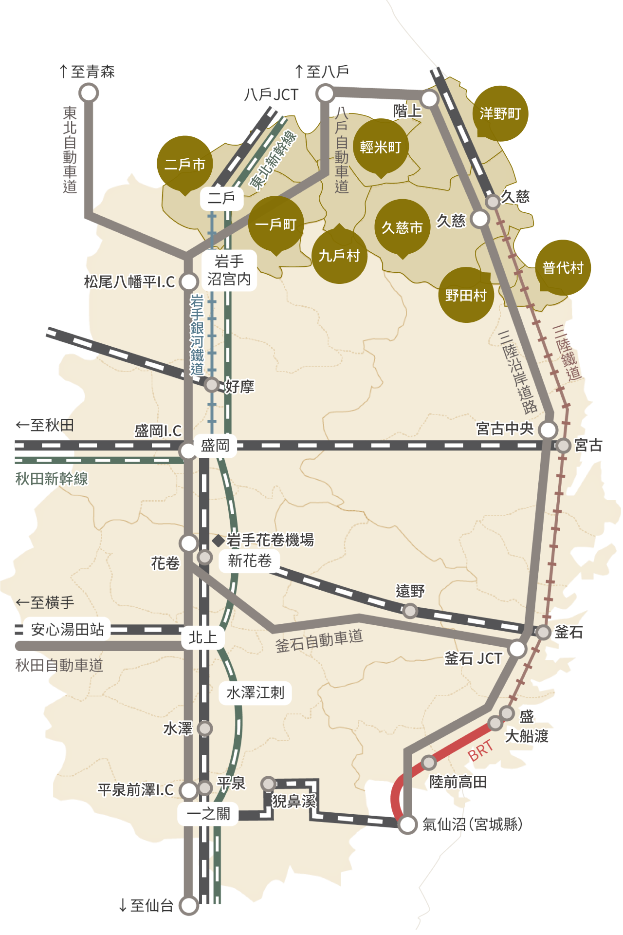 顯示縣北部地區各市町村及交通設施的地圖。所屬市町村有廣野町、輕舞町、二戶市、一戶町、九戶村、久慈市、野田村、附代村。可搭乘東北新幹線、岩手銀河鐵道、三陸鐵道、JR線，新幹線停靠二戶站。八戶高速公路和三陸海岸公路貫穿該地區。