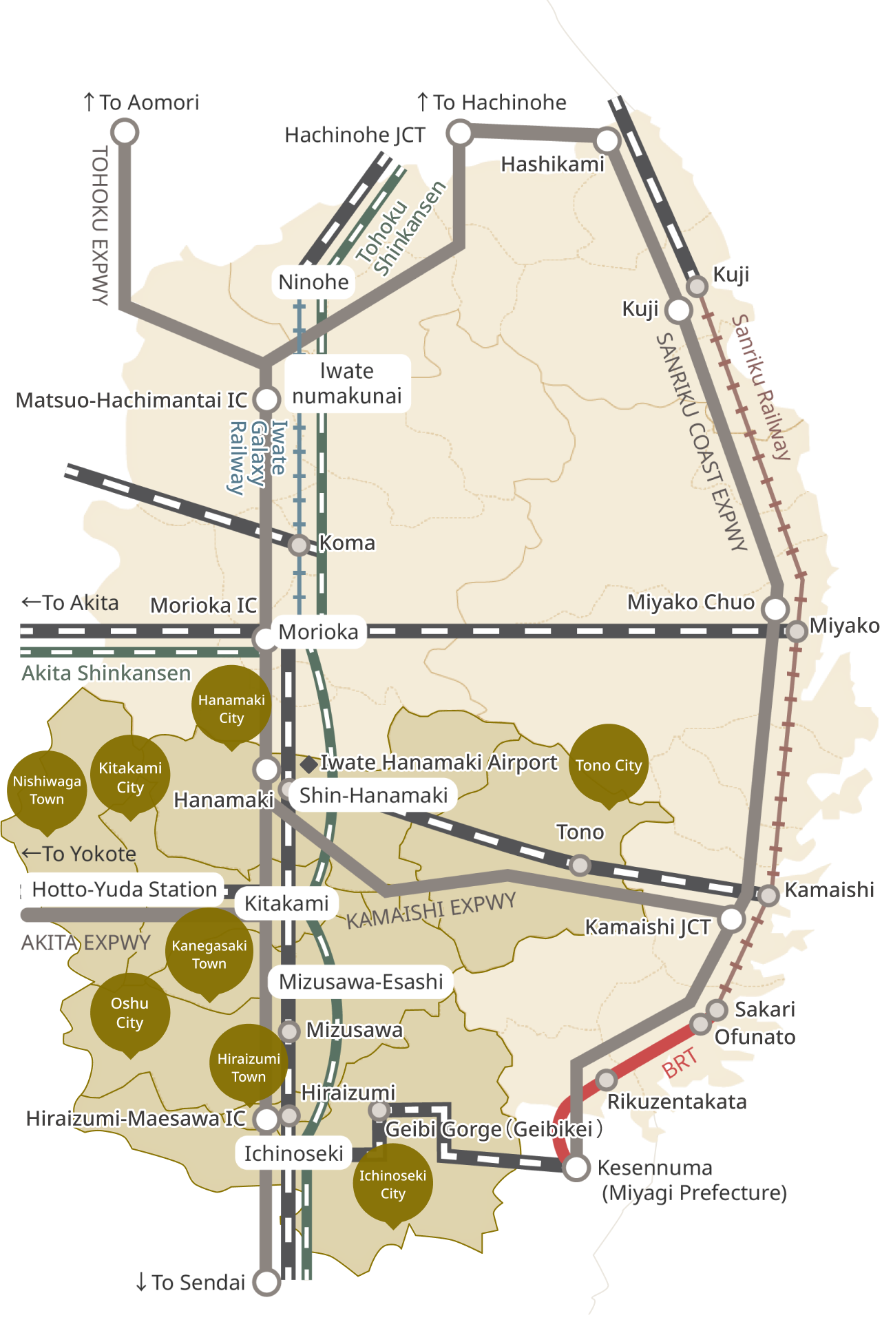 A map showing each municipality and transportation facility in the southern area of ​​the prefecture. The municipalities that belong to it are Hanamaki City, Tono City, Nishiwaga Town, Kitakami City, Kanegasaki Town, Oshu City, Hiraizumi Town, and Ichinoseki City. Iwate Hanamaki Airport is located in Hanamaki City. You can also use the Tohoku Shinkansen and JR lines. The Tohoku Expressway, Akita Expressway, and Kamaishi Expressway run through the area.