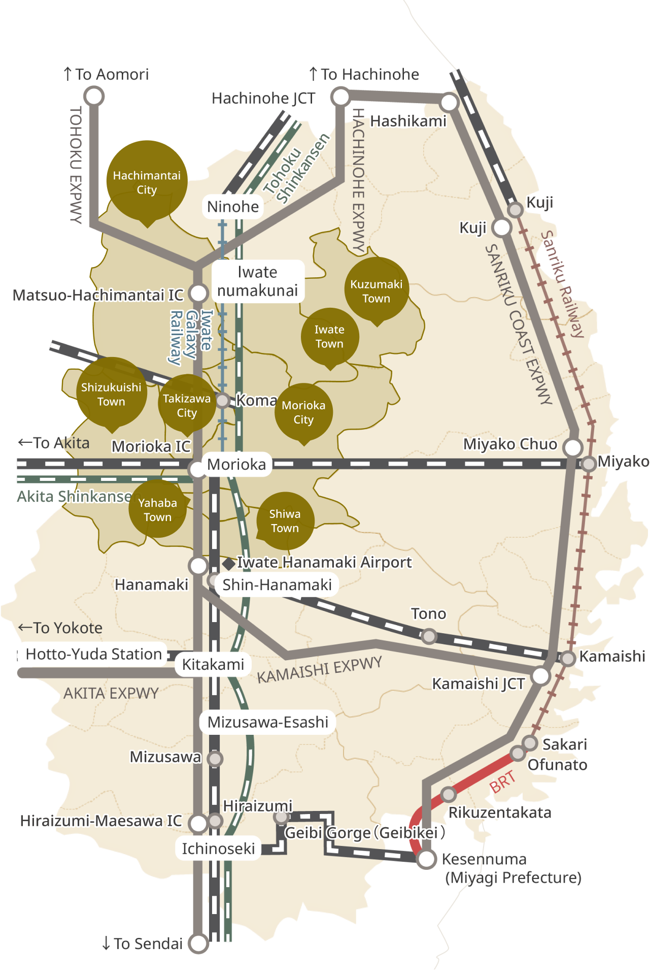 A map showing each municipality and transportation facility in the central prefecture area. The municipalities that belong to it are Hachimantai City, Kuzumaki Town, Iwate Town, Morioka City, Takizawa City, Shizukuishi Town, Yahaba Town, and Shiwa Town. You can use the Tohoku Shinkansen, Iwate Galaxy Railway, and JR lines, and the Shinkansen stops at Morioka Station and Iwate Numamiyauchi Station. Additionally, the Tohoku Expressway runs through the center of the area.
