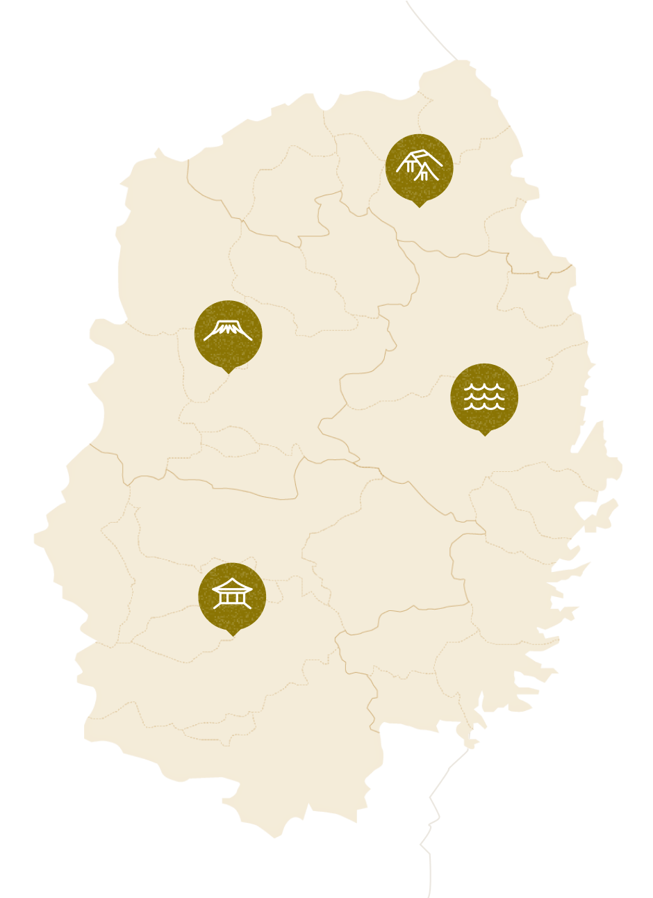 岩手県域図。地図は県央エリア、県南エリア、県北エリア、沿岸エリアの4つに分割されていて、それぞれをイメージしたシンボル描かれている。