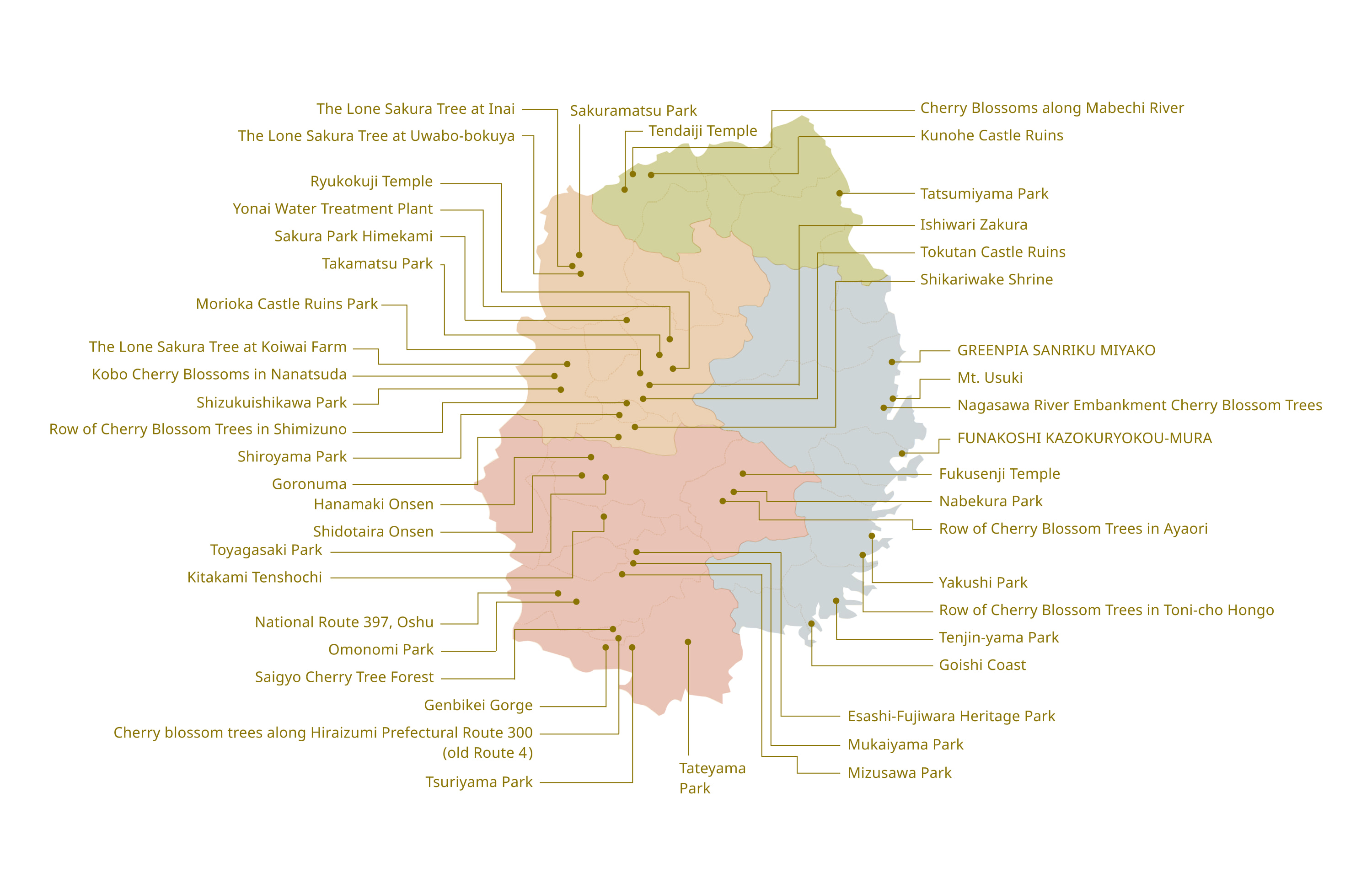 Map of cherry blossom spots. There are more than 40 spots in the prefecture, and the flowering status of the locations shown on the map is announced on this page.