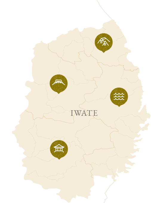 岩手県域図。地図は県央エリア、県南エリア、県北エリア、沿岸エリアの4つに分割されていて、それぞれをイメージしたシンボル描かれている。