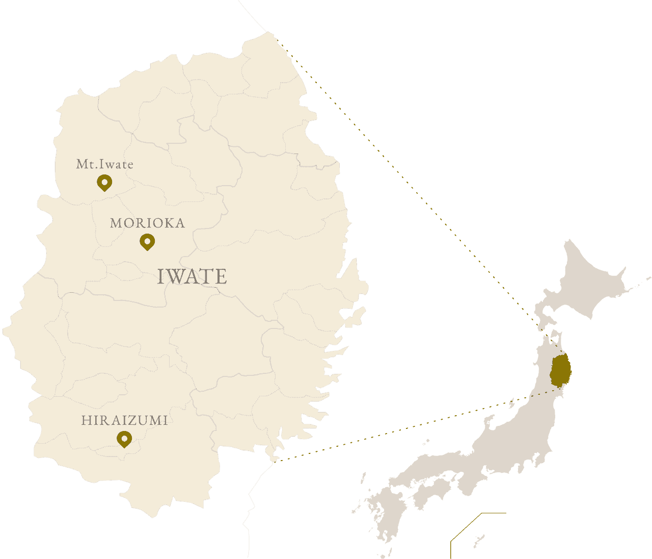 日本列島の中の岩手県の位置を示した地図。あわせて、岩手県域図には、Mt.Iwate、MORIOKA、HIRAIZUMI の位置が示されている。